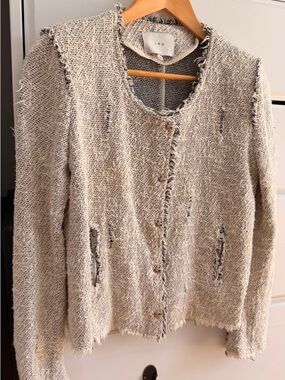IRO Frayed Edge Knit Cardigan in Beige and Black Tweed